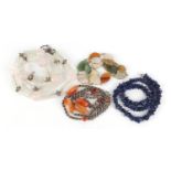 Polished stone jewellery, some with silver mounts including lapis lazuli, quartz and carnelian : For