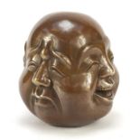 Chinese patinated bronze Buddha head paperweight, character marks to the base, 12cm high : For