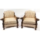 Pair of walnut framed double bergere chairs with acanthus carved arm rests, 80cm high : For