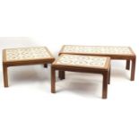 Three teak tile top coffee tables, the largest 110cm wide : For Further Condition Reports, Please