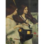 Two musicians, Pre-raphaelite school oil on board bearing a signature Knight, mounted and framed,