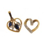 Two 9ct diamond gold love heart pendants, one set with sapphires, the largest 1.8cm in length, 1.