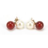 Pair of 9ct gold simulated pearl and red stone earrings, 1cm in length, 0.8g : For Further Condition