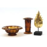 Art Deco glass bowl, similar Art Deco glass vase and a Modernist gilt painted wooden sculpture,