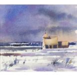 Andrew Blythe - Fairfield Church in snow, watercolour, invoice for £315.00 verso, mounted, framed