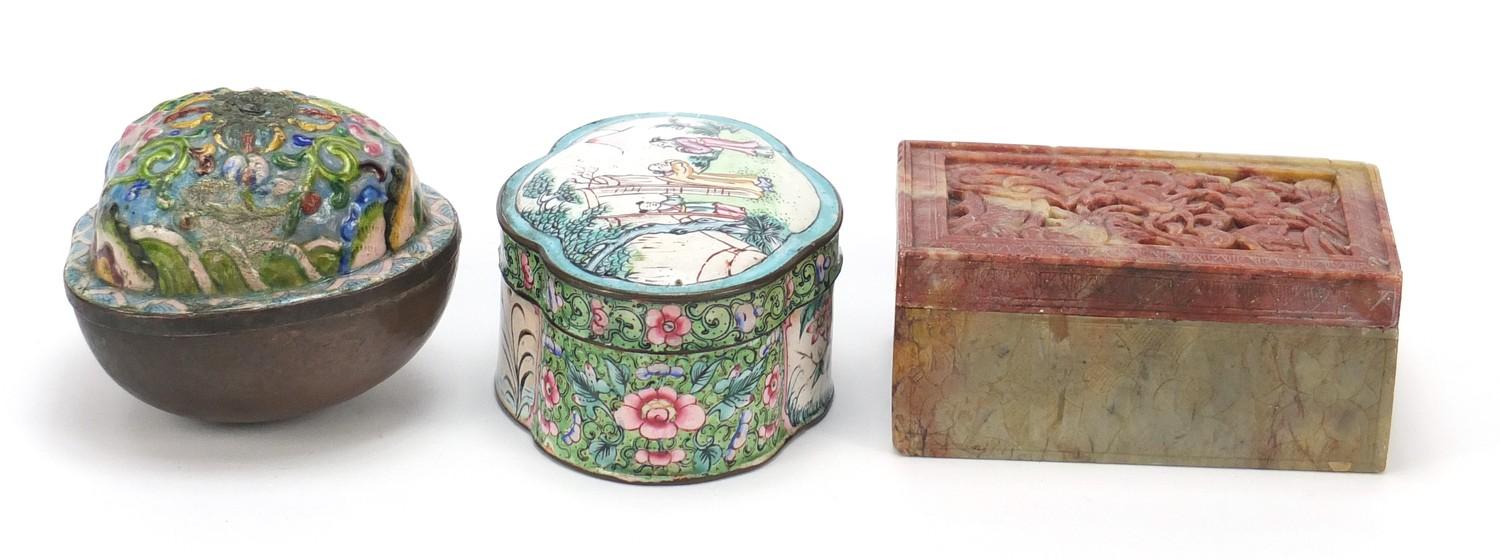 Chinese carved stone box and cover and two enamel boxes with covers, the largest 11.5cm wide : For - Image 5 of 12