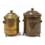 Two brass idded coal buckets with carrying handles, the largest 45cm high : For Further Condition