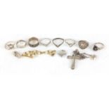 Silver and white metal jewellery including eight dress rings, three pendants and a gold coloured