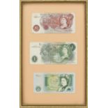 Framed display of three Bank of England bank notes, comprising ten shillings and two one pounds :