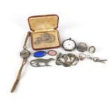 Silver and white metal jewellery including marcasite brooches, ladies pocket watch, cameo ring and