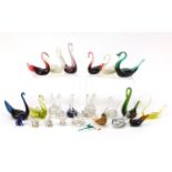 Collection of colourful glass swans and birds including Murano, the largest 14cm high : For