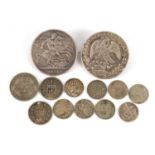 Various British Victorian and later silver coins together with an 1821 crown and a mexican coin :