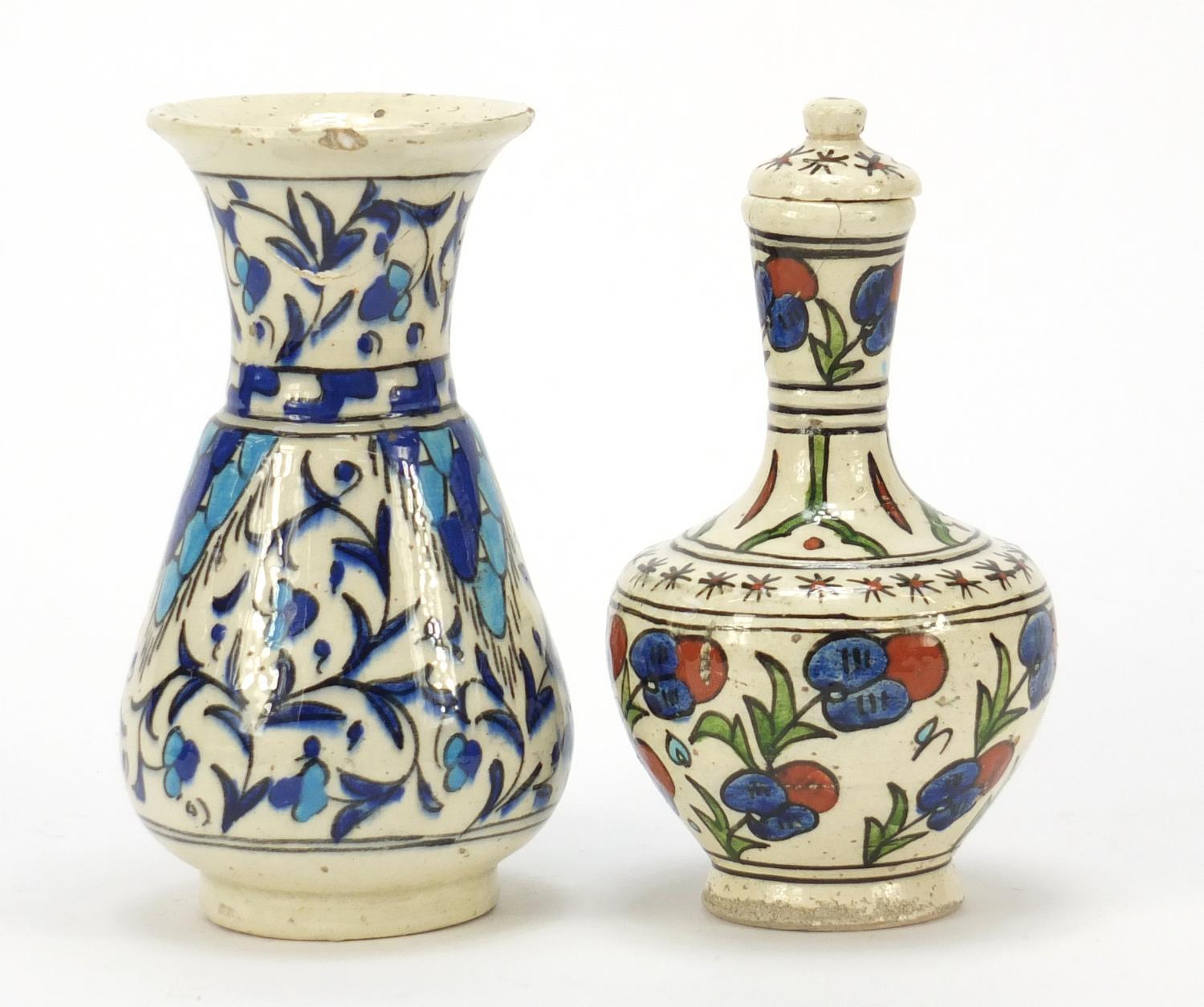 Two Islamic floral pottery vases including one with cover, the largest 11cm high : For Further - Image 6 of 9