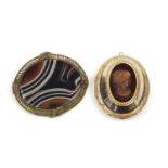 Gilt metal cameo design locket and a agate brooch, the largest 5.2cm in length : For Further