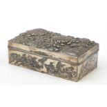 Japanese silver coloured metal casket embossed with flowers, birds and waves, 17cm x 9cm x 5.2cm :