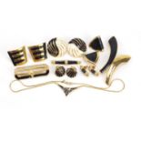 Vintage Monet black enamel jewellery comprising five pairs of earrings, three brooches and necklace,