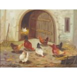 Chickens at a doorway, Continental school oil on canvas bearing an indistinct signature, possibly