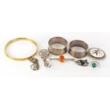 Silver and white metal jewellery, napkin rings and an 18ct gold bronze core bangle : For Further