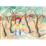 Two people in a garden, Hebrew school watercolour, framed and glazed, 37.5cm x 27cm : For Further