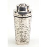 French silver plated cocktail shaker with list of drinks recipes, 20cm high : For Further