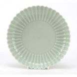 Good Chinese porcelain shallow flower head dish having a celadon glaze, six figure Qianlong