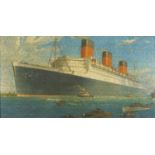 Chad Valley jigsaw puzzle of HMS Queen Mary in full sail, framed and glazed, 68cm x 35cm : For