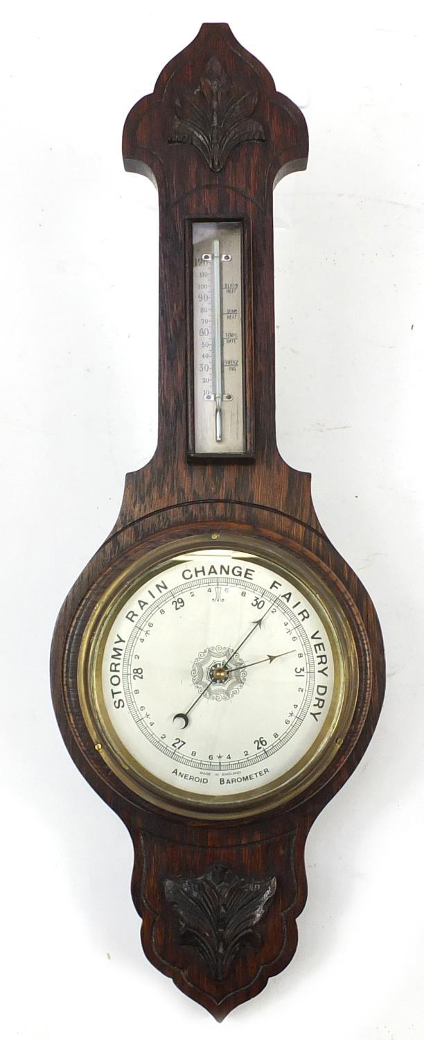 Three carved oak wall barometers and thermometers, two with silvered dials, the largest 66cm - Image 7 of 16