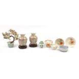 Chinese porcelain including a celadon planter housing a hardstone bonsai tree and a pair of vases