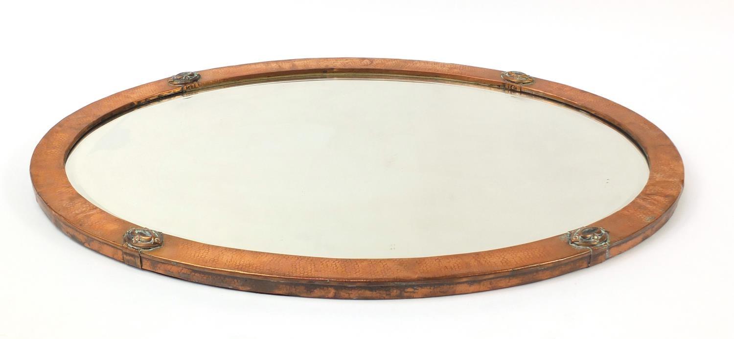 Arts & Crafts oval copper wall mirror with bevelled glass, 83cm x 58cm : For Further Condition - Image 3 of 4