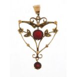 Art Nouveau 9ct gold pedant set with garnets and seed pearls, 4cm in length, 1.9g : For Further