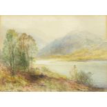 Emil Axel Krausse- Watercolour landscape with river framed and glazed, 18cms x 12 cms : For