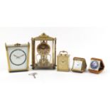 Five clocks including Swiza eight day carriage clock, Oris and Mauthe, the largest 21.5cm high : For