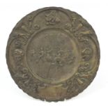 Heavy cast bronze Italian platter embossed with central panel of people drinking and dancing