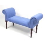 Blue window seat, wit scroll ends, 135cm in length : For Further Condition Reports, Please Visit Our