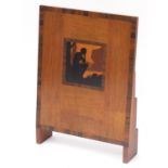 Arts & Crafts wooden marquetry fire screen, probably Rowley Gallery, inlaid with a panel of a nude