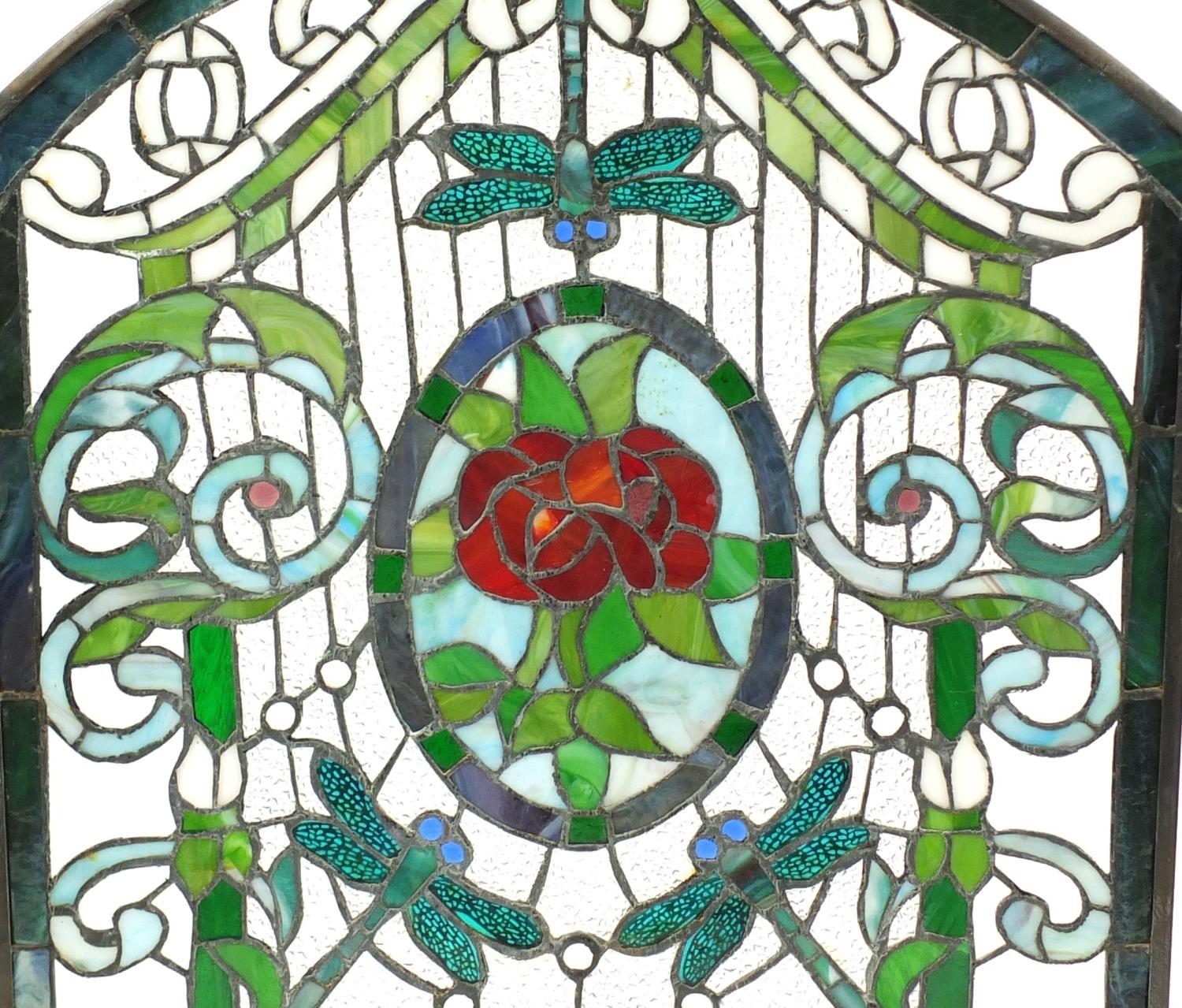 Leaded stained glass three fold screen with Art Nouveau floral roundels, 72cm high x 51cm wide - Image 2 of 4