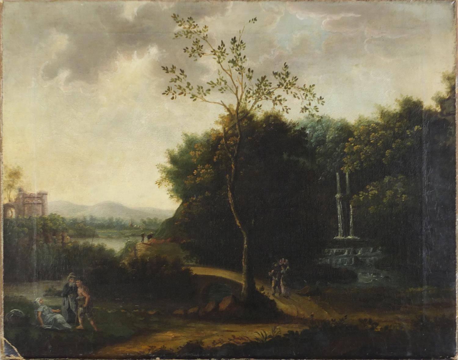 Figures in an Italian landscape, 19th century oil on canvas, unframed, 76cm x 61cm : For Further