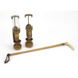 Pair of Railwayana interest wall sconces and a riding crop with sterling silver collar, the