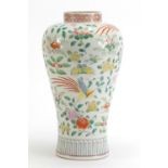 Large Chinese porcelain vase hand painted with birds and butterflies amongst flowers, 30.5cm