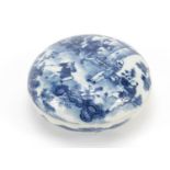 Chinese blue and white porcelain rouge seal box and cover, hand painted with figures in a landscape,