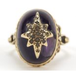 9ct gold cabochon amethyst ring with scrolled and pierced shoulders, HBJ makers mark, size N, 8.0g :