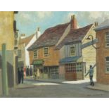 William H Maile - Bygone Leigh figures on a street, oil on board, label verso, framed, 46cm x 36cm :