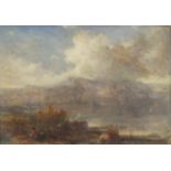 Misty landscape, 19th century oil on board, bearing an inscription W D Kennedy verso, framed, 32cm x