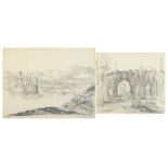 Port of Marseilles and figures before a bridge, two 19th century pencil sketches, each mounted,