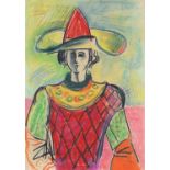 After Pablo Picasso - Figure in a theatrical costume, mixed media on paper, inscribed Pour