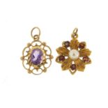 Two 9ct gold pendants including a garnet and pearl flower head, the largest 1.8cm in length, 2.
