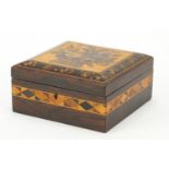 Victorian Tunbridge ware box with silk lined interior and floral micro mosaic inlay, 8cm H x 15cm