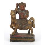 Chinese lacquered wood carving of a figure on horseback, 20cm high : For Further Condition