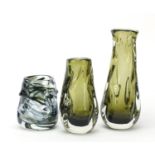 Three Whitefriars knobbly glass vases including two sage green examples, the largest 25cm high :