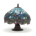 Bronzed lamp with Tiffany style dragonfly design shade, 32.5cm high : For Further Condition Reports,